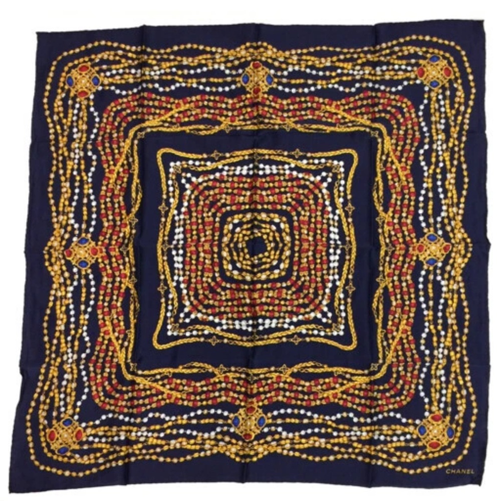 Authentic CHANEL Silk head Scarf large 34”x 34” 87cm Navy Red Gold Classic rope - Picture 12 of 16